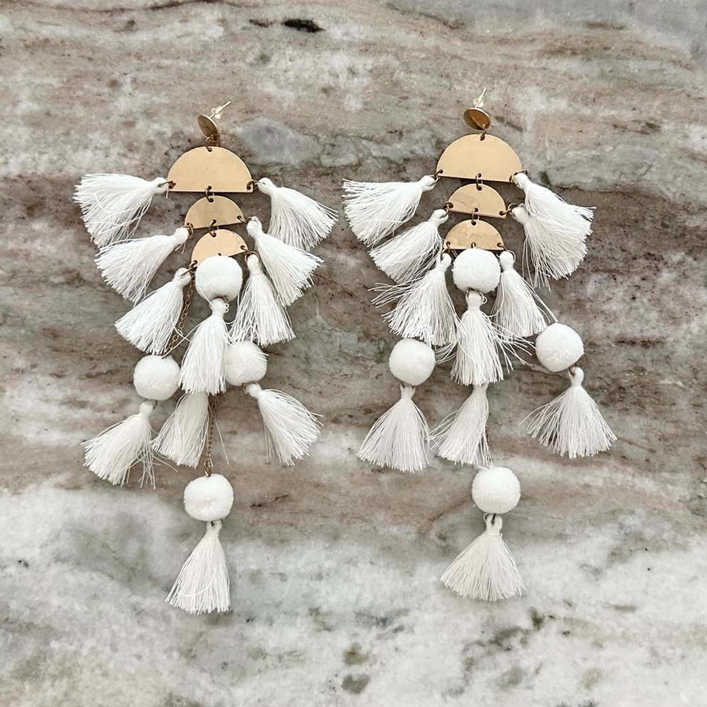 Long Tassel Statement Earrings in White & Gold - Boho Jewelry / Beach Vacation